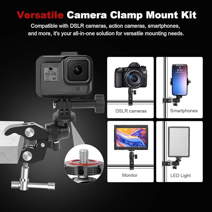 Super Clamp Camera Mount with 360° Mini Ball Head, Aluminum Desk Tube Crab Clamp for Monitor/Light/Mic, Bike/Motorcycle Handlebar Mount for Go Pro/Insta360/DJI Action Camera (SY012)