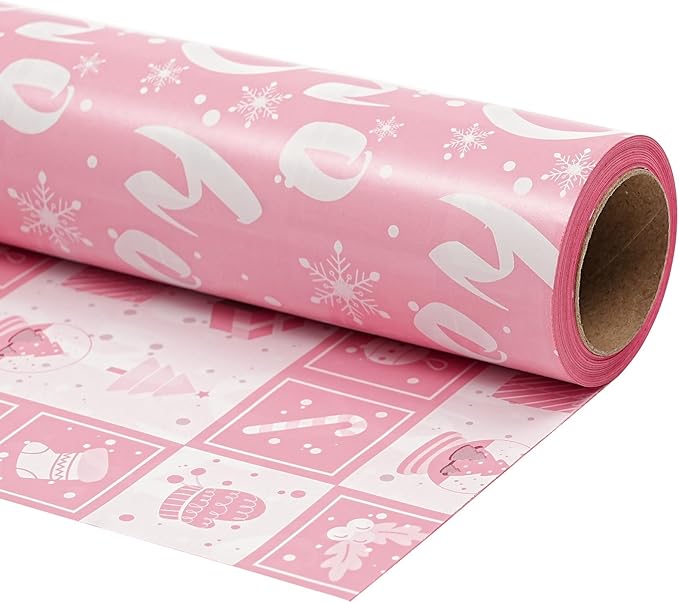 Ulmasinn Reversible Christmas Wrapping Paper Pink Mini Roll 17 Inches X 33 Feet for Girls Kids,printed with “Ho Ho” and Pink Holiday Collection Design for Festivals, Parties, Celebrations