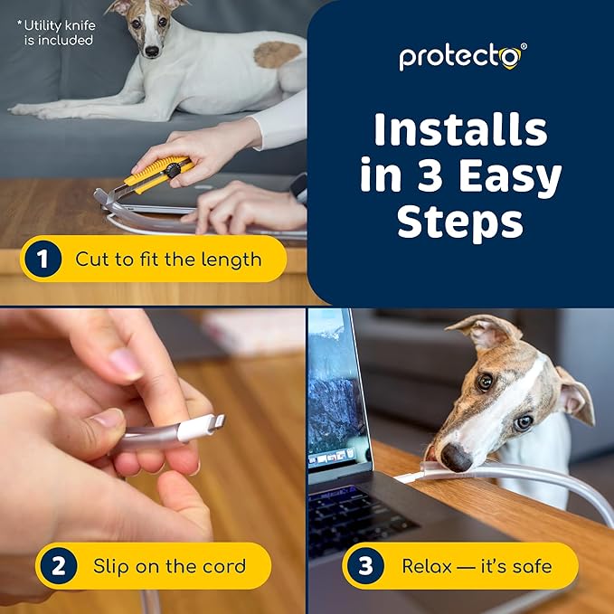 PROTECTO Heavy Duty Cord Protectors from Pets No Chew Solution, 10ft Easy to Use Dog & Cat Cord Protector, Clear & Odorless Critter Cord Covers for Pets, Power Audio & Video Wire Protector Tubing