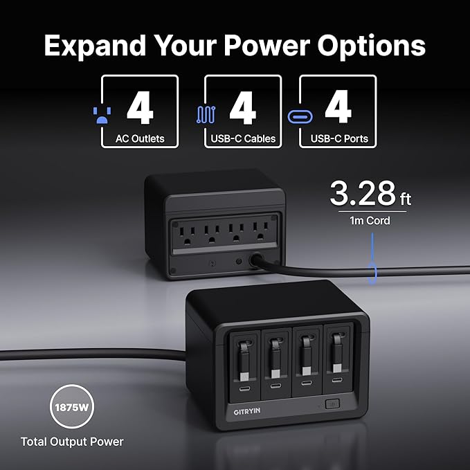 Gitryin 12-in-1 Desktop Charging Station with 4 Retractable Type-C Wall Chargers, 40W USB-C Power Strip with Flat Plug, Extension Cord with 1020J Surge Protection for Home Office