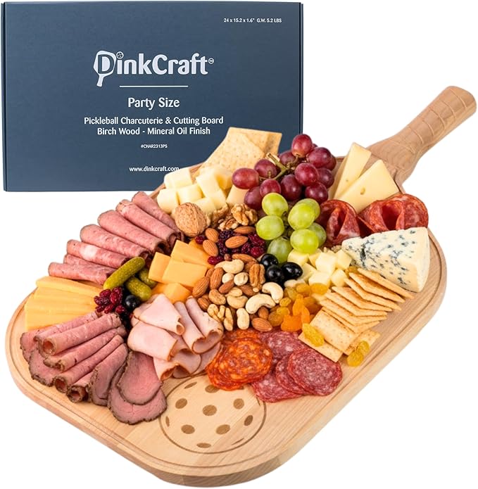 Pickleball Charcuterie & Cutting Board, Pickleball Gift, Party Size - 22.5 x 5.5 x 0.75”, Birch Wood, Paddle Shape with Handle, Mineral Oil Finish