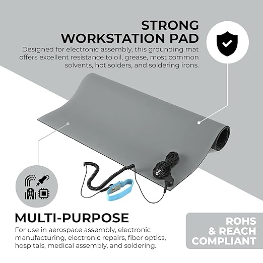 MWRF Source ESD Mat Kit with Wrist Strap and Grounding Cord (2.5 FT x 4 FT x 0.12 Inch, Grey)