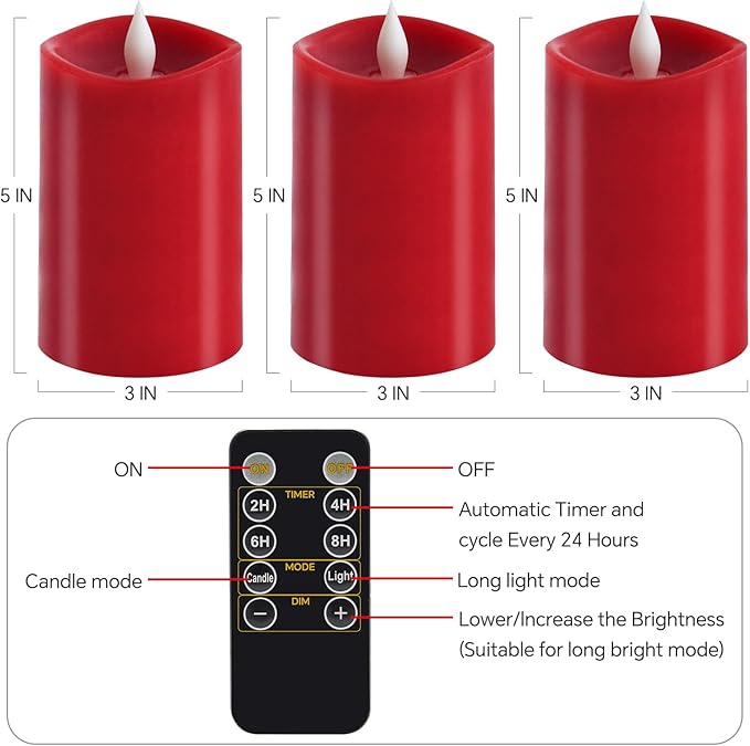 3PCS, 3 x 5 inches Flameless Candle with Remote Control, 3D Flickering Wick, Real Wax Pillar LED Candles, Battery Candles,with Timer,for Holiday Home Decor, Red
