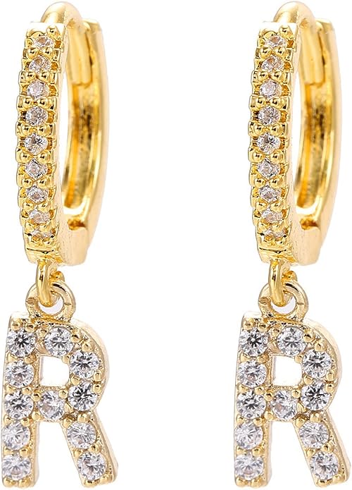 14K Gold Dangle Drop Initial Earrings for Women Dainty CZ Huggie Hoop Name Letter Earrings S925 Sterling Silver Post with Cubic Zirconia Hypoallergenic Gifts Jewelry