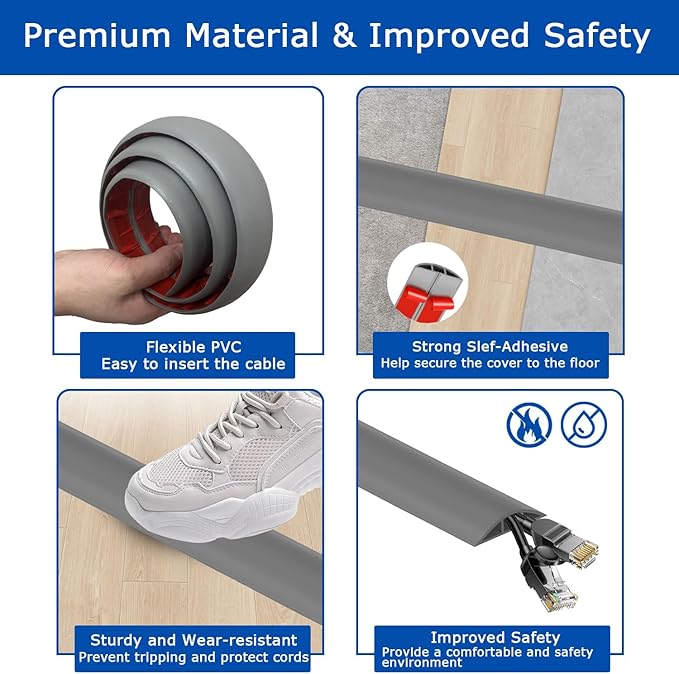 6ft Floor Cord Cover,Cord Hider Floor Gray,Extension Cable Cover Power Cord Protector Floor,Floor Cable Management Prevent Cable Trips,Cord Protector Cord Cavity:0.47" (W) x 0.24" (H)
