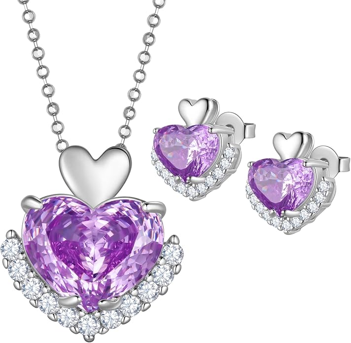 Love Heart Necklaces and Earrings with Rose Cut Birthstone Silver Plated Elegant Jewelry Set for Women CS0002