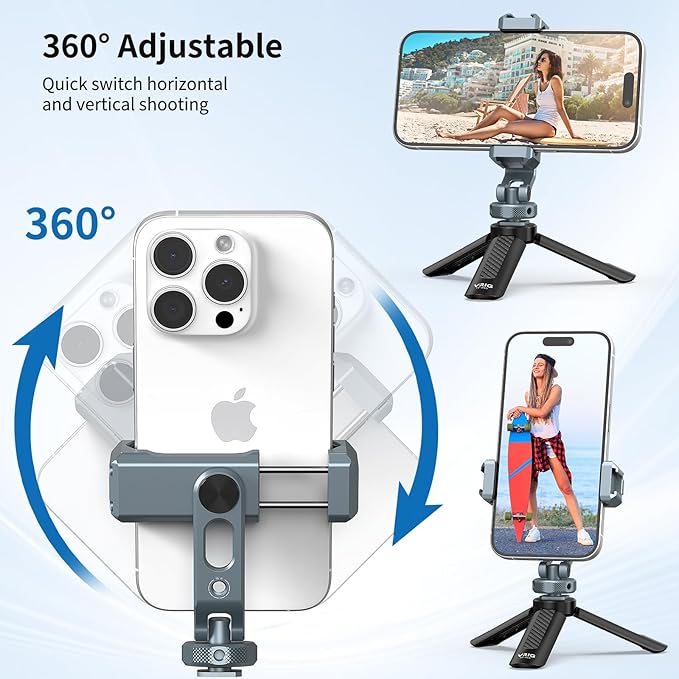 VRIG PH-18 Metal Phone Tripod Mount with Cold Shoe & 1/4"-20 Screw Holes, 360° Rotation Horizontal & Vertical Shooting, Adjustable Angle Smartphone Holder Tripod Adapter for iPhone, for Samsung