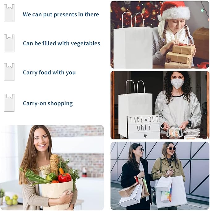 FACEBAG 50 PCS White Paper Bags with Handles Bulk, 8x4.25x10.5 Inches,Medium-sized White Gift Bags with Handles for Party Favors，Take-Out，Grocery Shopping & Retail，Reusable & Durable