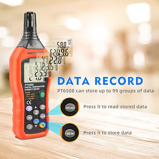 Protmex PT6508 Temperature Humidity Meter, Digital Thermometer Hygrometer Monitor with Ambient, Dew Point, Wet Bulb for Indoor/Outdoor MIN, MAX, Data Hold, LCD Backlight