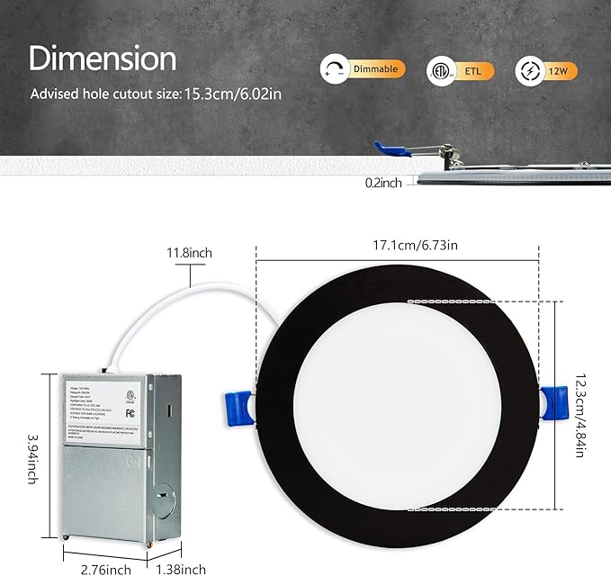CycevSun Black Recessed Lights 6 Inch with Night Light 16 Pack, Dimmable & 5 Color Selectable, Canless Ultra Thin Wafer Downlight Indoor Outdoor Exterior Soffit, 12W, ETL Listed