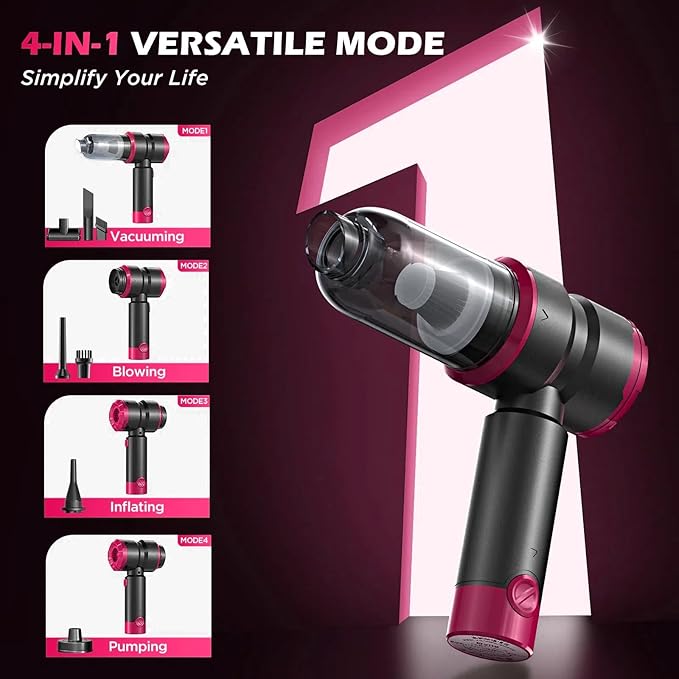 Handheld Car Vacuum with 15000PA Power, 4 in 1 Small Powerful Cordless Vacuum Cleaner & Air Duster with 2000mAh Battery, Rechargeable Portable Mini Hand Held Vacuum for Car, Home,Office,Pet Hair（Pink）