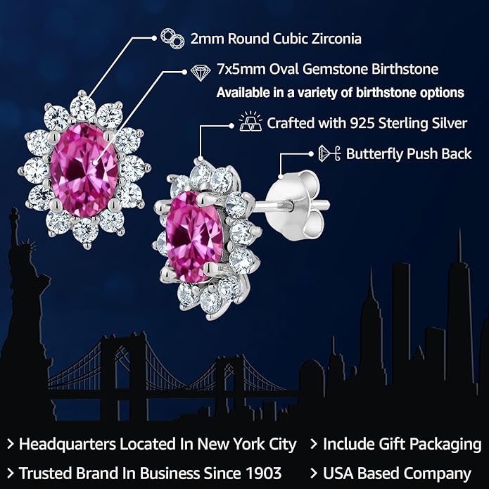 Gem Stone King 7X5MM Oval Gemstone Birthstone Stud Earrings For Women | Princess Diana Royal Halo Style | 925 Sterling Silver | Fine Jewelry Gifts for Anniversary Wedding Her Mom Women Wife