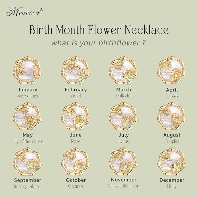 MEVECCO Birth Flower Necklace For Women 18k Gold Plated Mother Of Pearl Disc Floral Pendant Necklace Dainty 12 Birth Month Flower Handmade Personalized Jewelry Anniversary Christmas Birthday Gifts