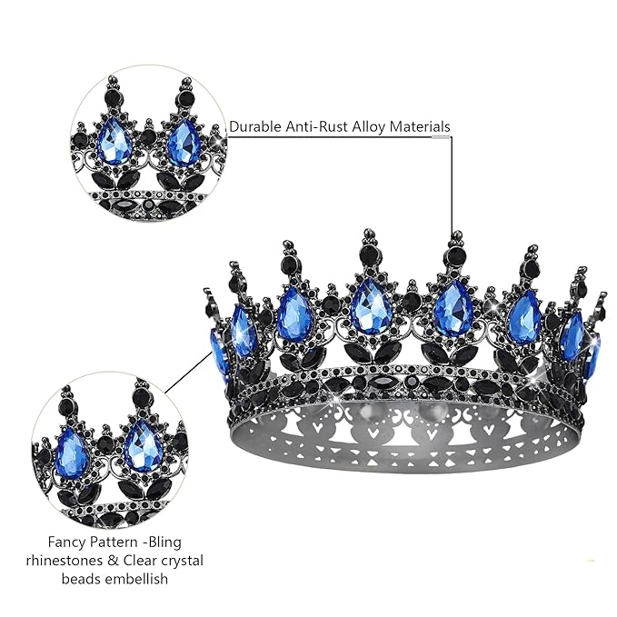 Queen Crown Rhinestone Wedding & Bridal Crowns for Women - Costume Party Hair Accessories - Princess & Birthday Tiaras in Crystal (Black & Blue)