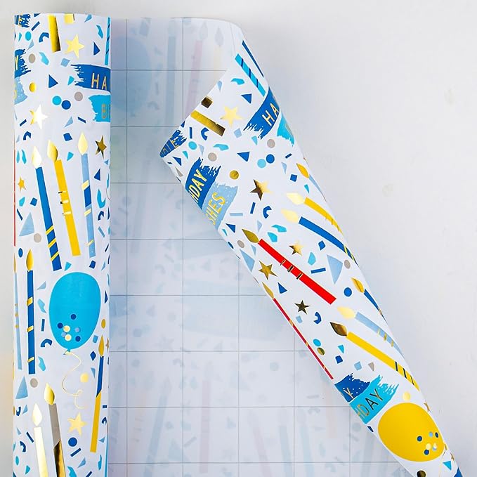 MIMUTI Blue Birthday Wrapping Paper for Boys - 17 Inch X 33 Feet - Foil Gift Wrap with Colorful Balloons, Candles, HappyBirthday Text Design for Birthday, Holiday, Party, Baby Shower