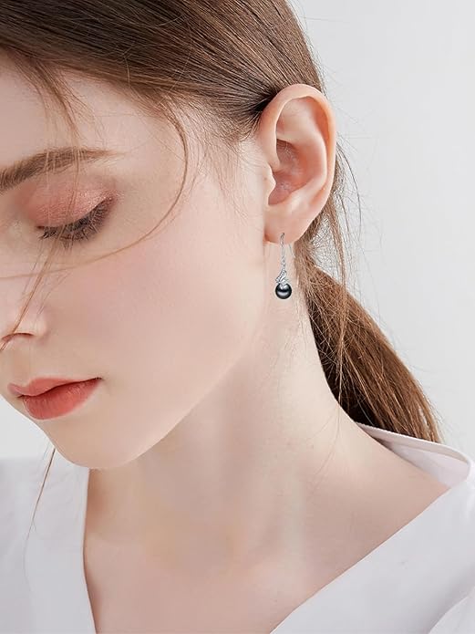 Tahitian Black Pearl Earrings Gifts for Women Wife Celtic Dangle Drop Earrings Wedding Birthday Anniversary Jewelry Valentines Christmas Day Gifts 925 Sterling Silver