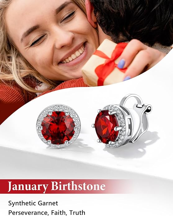 Silvora 925 Silver 8MM Cubic Zirconia Birthstone Clip On Stud Earrings Round Non Pierced Earrings For Women,Come with Box