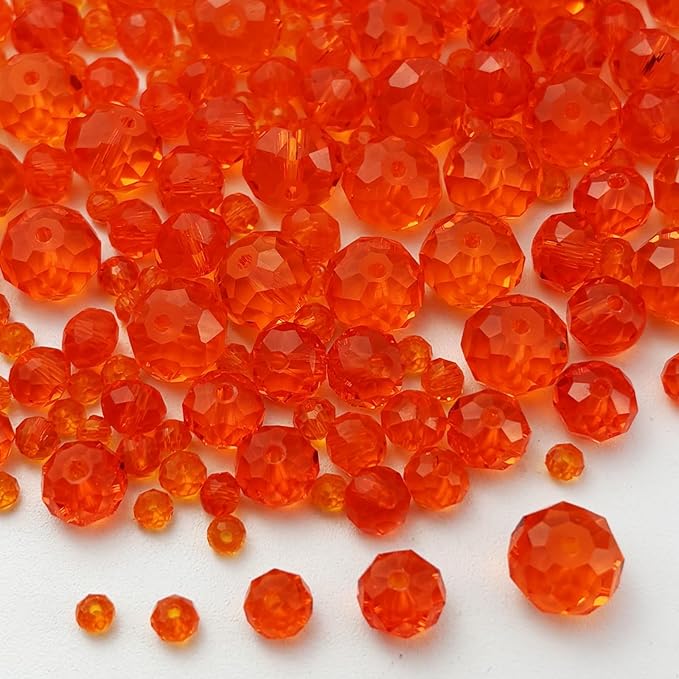 600pcs Crystal Glass Beads 3mm 4mm 6mm 8mm 10mm Rondelle Faceted Crystal Beads Spacer Beads for Necklace Bracelet Earrings DIY Jewelry Crafts Making Supplies(Orange Red)