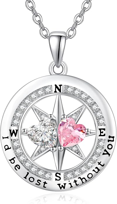 Compass Necklace for Women, Exquisite S925 Valentines Day Anniversary Birthday Gifts for Wife Her Double Birthstone Pendant Jewelry ‘I'd be Lost Without You’
