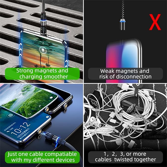 Magnetic Charging Cable (6-Pack,1.6+3.3+3.3+6.6+6.6+10ft) 540° Rotation 3A Fast Charging Data Sync 3 in 1 Magnetic Phone Charger Cable with LED Light Compatible with Micro USB Type C Phone Device
