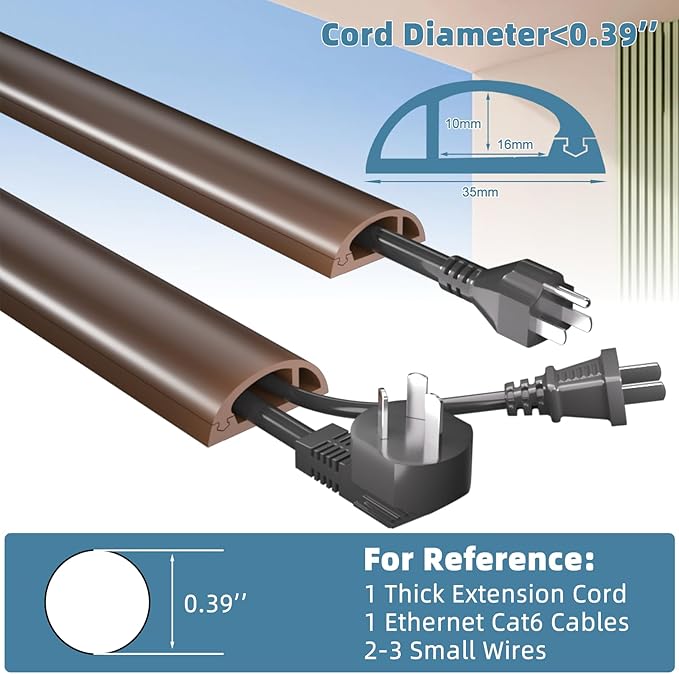 6ft Side Buckle Floor Cord Cover for Wires, Selfadhesive Extension Cord Hider Easy Floor Cable Management Prevent Cable Trips,Silicone Floor Wire Covers for Cords, Cable Protector Cord Cavity（Brown）
