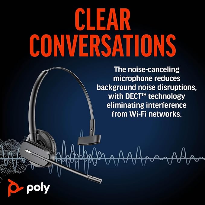 Poly CS540 Wireless DECT Headset (Plantronics) – Single Ear (Mono) Convertible (3 wearing styles) – Connects to Desk Phone – Noise Canceling Microphone – Amazon Exclusive