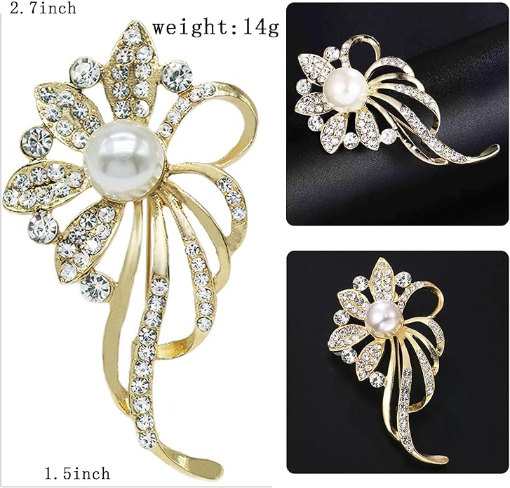 Crystal Pearl Flower Brooches Pins Fashion Beautiful Created Rhinestone Floral Brooch Good Idea for Party Dance Wedding Banquet for Elegant Women Girl
