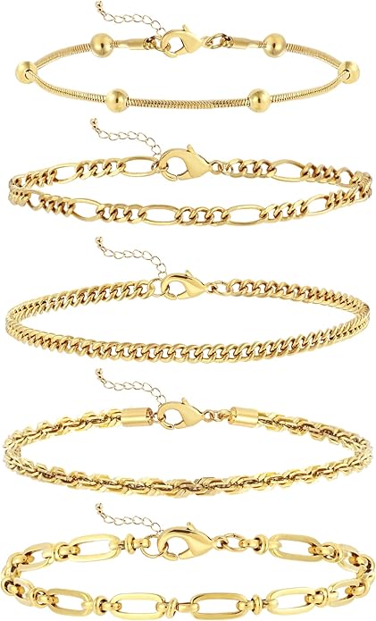 wgoud Dainty Gold Chain Bracelets, 14K Real Gold Plated Link Bracelets for Women, Trendy Stackable Bracelet Set, Waterproof Adjustable