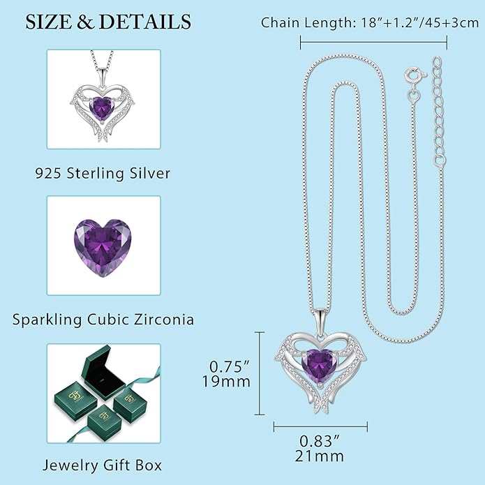 FJ Heart Angel Wings Pendant Necklace 925 Sterling Silver Birthstone Jewelry Gifts for Women