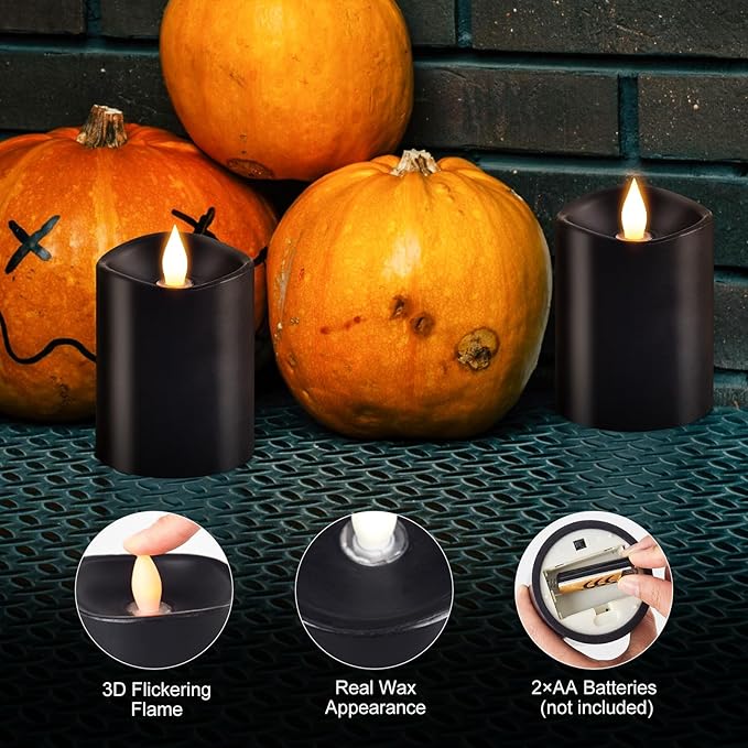 3x4 Flickering Flameless Candles Set of 2,Real Wax Pillar led Candles Flickering,with Timer,4 inch Flameless Candles with Remote,Battery Operated Candles,for Party Holiday Home Decor,Black