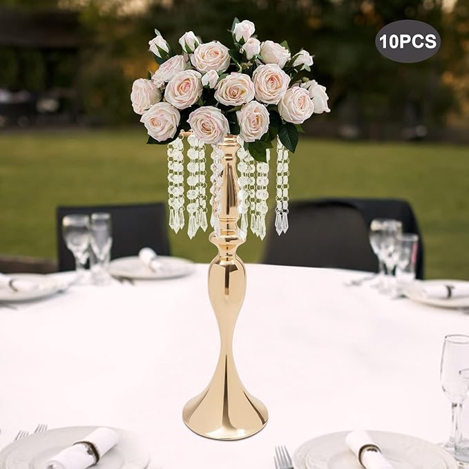 Wedding Centerpieces Gold Vases,10PCS Metal Flower Candle Holder with Sparkling Crystal Beads,Crystal Flower Vase Metal Flowers Stand for Party Tables Decorations (10pcs Gold-Height 21.3)