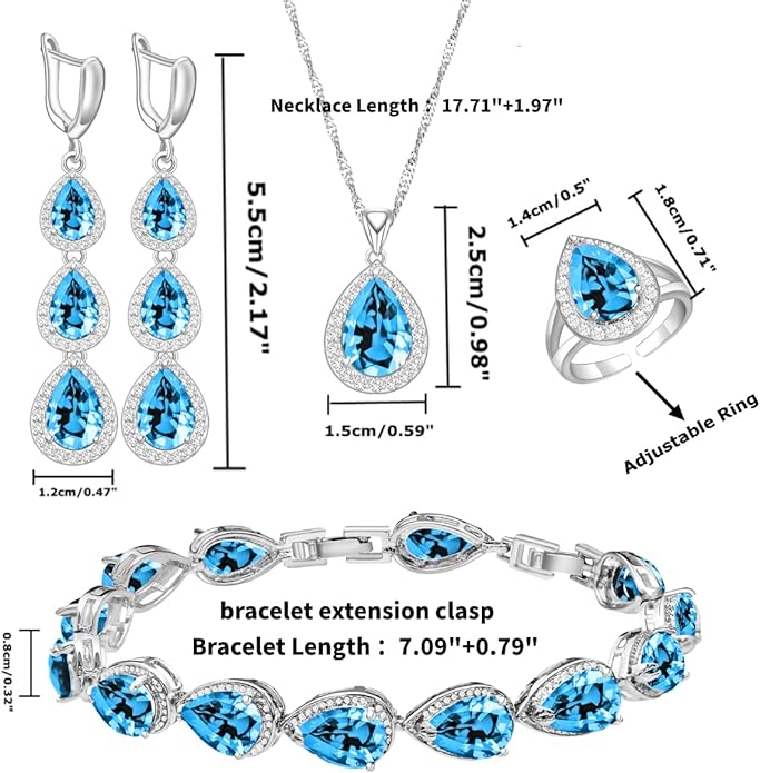 LMXXVJ Necklace Long Earrings Bracelet Set, White Gold Plated Created Blue Sapphire Jewelry Set Wedding Party Gift Jewelry for Women Bridal Bridesmaid