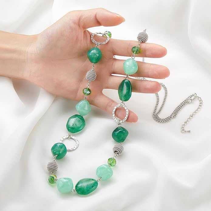 BULINLIN Beaded Long Necklace for Women Silver Sweater Chain Necklace with Crystal Resin Beads, Fashion Jewelry Necklace
