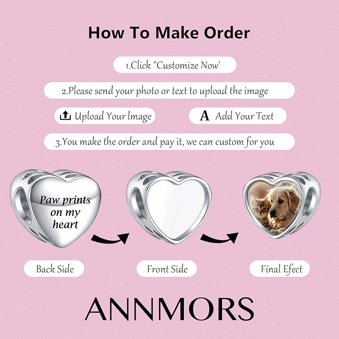 Annmors Personalized Photo Charms For Bracelets/Necklace 925 Sterling Silver Love Heart Shaped Engraved Customize Picture Gift for Birthday Mother's Day,Bead Charms Jewelry for Women
