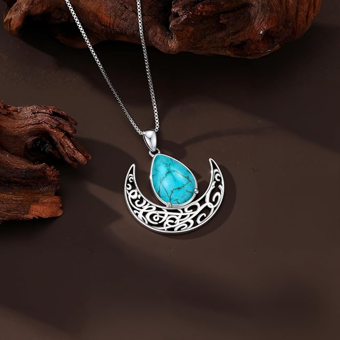 RMREWY Genuine Turquoise Crescent Moon Teardrop Pendant Necklace,925 Sterling Silver Native American Boho Western Dainty Pendant Real Gemstone Jewelry Birthdays Gift for Women Moon Lover