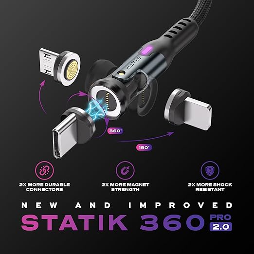 Statik 360 Pro Magnetic Charging Cable - Type C Charger Fast Charging 3 in 1 USB C to USB C Cable, Micro USB & iProduct Tips, USB A Adapter, Fits All Devices - 100W Fast Charger, Black 10FT/3M
