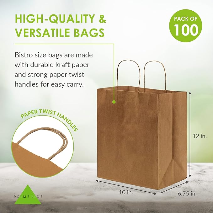 Prime Line Packaging Brown Paper Bags, Medium Shopping Bags with Handles for Small Business, To Go Food, Grocery, Retail, Party Favors, 10x6.75x12, 100 Pack