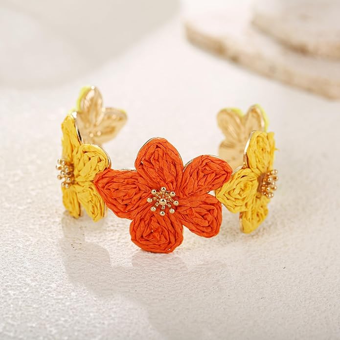 Raffia Flower Cuff Bracelet for Women, Floral Chunky Bangle Wide Open Cuff Statement Bracelet