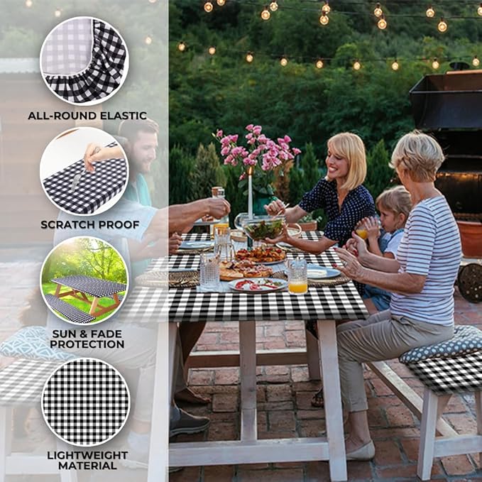 RNOONY 6ft Polyester Picnic Table Cover with Bench Covers Windproof & Waterproof Tablecloth, Perfect for Camping Gifts & RV Essentials, Cool Camping Gadgets with Carrying Bag, 72x30 Inches,4Pcs,Black