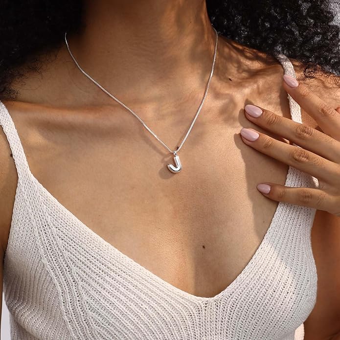 Bubble Gold Silver Letter Necklace Initial Necklaces for Women Trendy 14K Dainty Charm Pendant Name Necklace Personalized Jewelry Gift for Women Teen