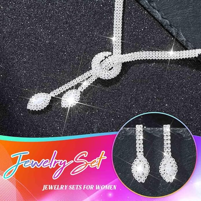 Unicra Silver Rhinestone Bridal Wedding Jewelry Set Crystal Necklace Earrings Sets Formal Prom Costume Jewelry Sets for Women and Brides
