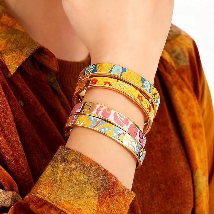 Enamel Bangle Set, 18K Gold Plated Stainless Steel, 4-Piece Bracelet Handcrafted Gorgeous Collection with Abstract and Floral Patterns, 6-7 Inch Wrist Size, Women's Fashion Jewelry