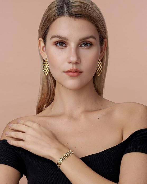 18K Gold Plated Chunky Statement Earrings for Women by SNGIA, Bold Drop Dangle Chain Link Rope Ribbed Barcelet Patterned Interlcok Rib Shape Drop Earrings, Handmade Exaggerated Irregular Vintage Boho Accessories, Unique Bohemian Trendy Fashion Thick Ov...