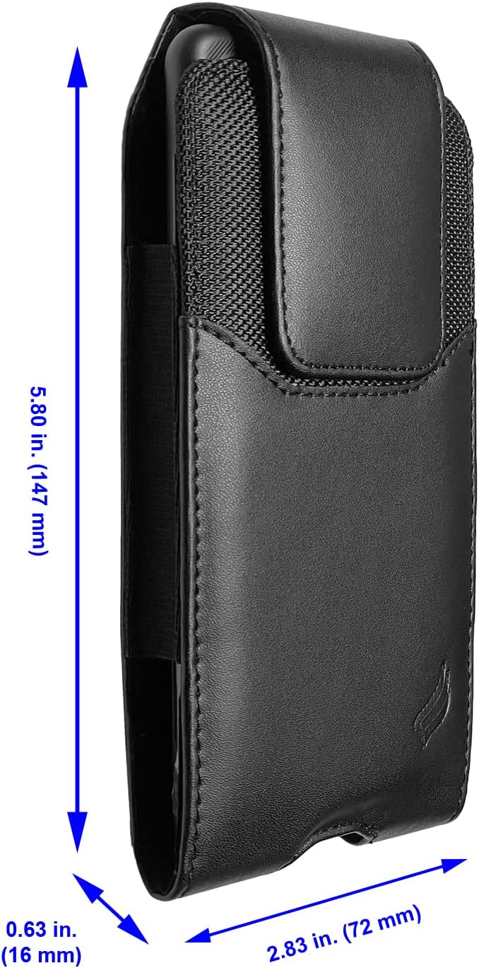 Leather Cell Phone Holster for Cricket Debut, Icon, AT&T Radiant Core, Calypso 2, Moto E6, G7 Play, Alcatel Onyx, REVVLRY REVVL2 - Vertical Case Waist Carrying Pouch with Belt Clip/Loops, Black