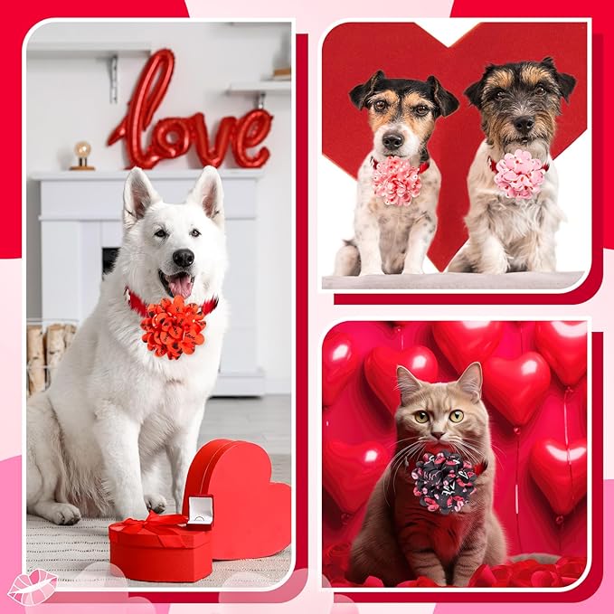 Lyrow 100 Pcs Valentines Day Dog Collar Flowers Bulk Dog Charms Grooming Accessories Pink and Red Heart Bow Tie Flower for Puppy Cat Pets Collar Attachment Embellishment Sweet Party Costume