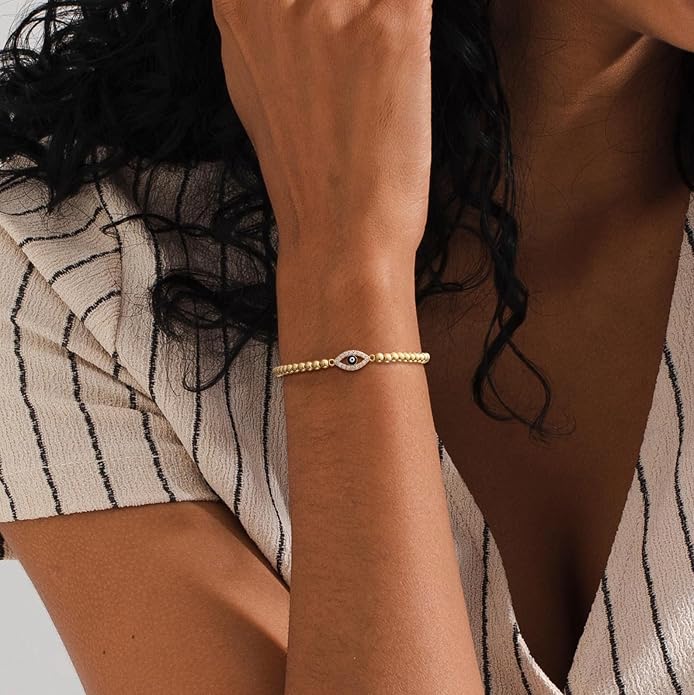 Gold Bracelets for Women 14K Gold Plated Bead Bracelet Hypoallergenic Stretch Bracelets for Women Elastic Bracelet Trendy Teen Gift Dainty Jewelry for Women