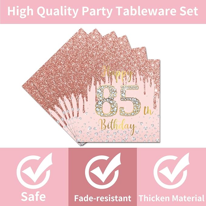 96Pcs 85th Birthday Decorations for Women Disposable Tableware Set -Rose Gold Happy 85th Birthday Paper Plates Napkins Forks 85 Years Old Party Supplies Serve 24 Guests