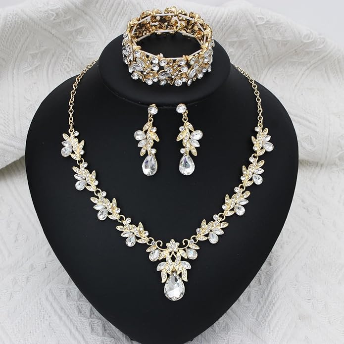 Wedding Leaf Flower Crystal Teardrop Pendant Necklace Dangle Earrings Stretch Bracelet Jewelry Set for Women Bridal Party Prom