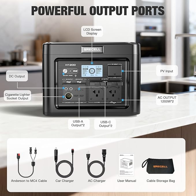 GRECELL Portable Power Station 1200W 672Wh H1200 LiFePO4 Battery Solar Generator with 10ms UPS, 1200W Solar Power Station, 9 Output Ports for Home Emergency, Outdoor Camping, RV Travel, Laptop TV