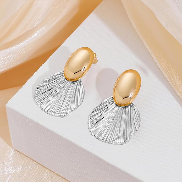 Gold Plated Earrings Dangle Chunky Fan-shaped Earrings Shell Earring for Women Two-Tone Fashion Statement Jewelry